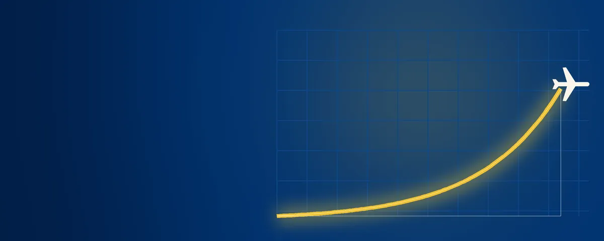 A rising crash-game curve with a plane at its tip
